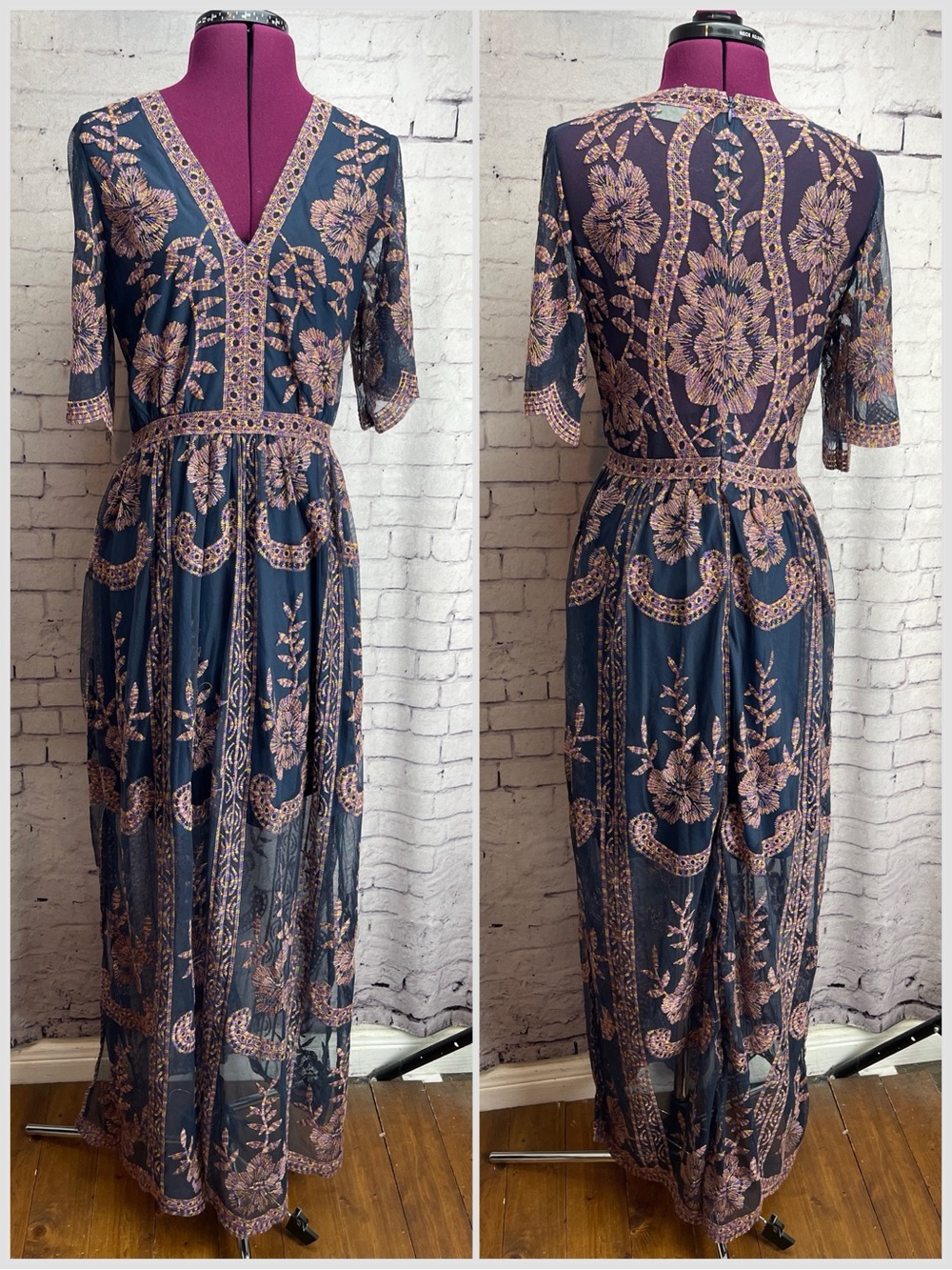 Altar’d State size medium catania maxi dress navy blue with multicolor stitching